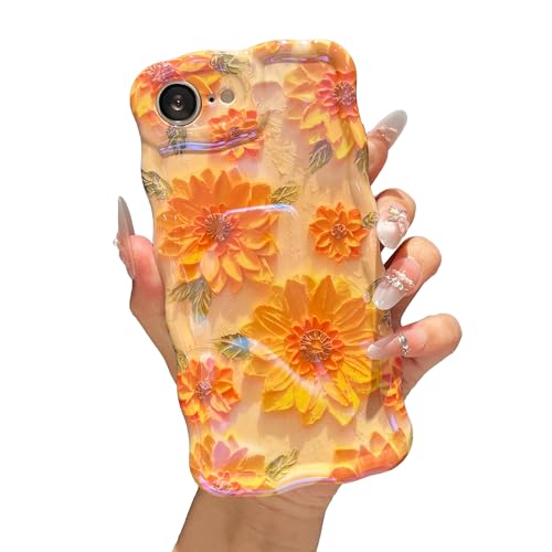 XIZYO Case for iPhone 17e/iPhone 16e Oil Painting Flower-Sunflower/Yellow | Girly Cute Colorful Retro Floral Aesthetic Women, Curly Wave Frame Laser Glossy Reflective Exquisite Stylish Protective Cover - color: Sunflower/Yellow, size: for iPhone 17e/iPhon