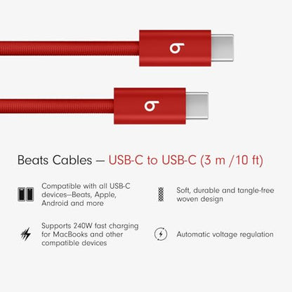 Beats 240W USB-C to USB-C Braided Cable, Fast Charging, Durable/Tangle Free, Compatible with Apple and Android Devices (3 m/10 ft) – Rapid Red - color: Rapid Red, size: 10 ft, style: USB-C to USB-C