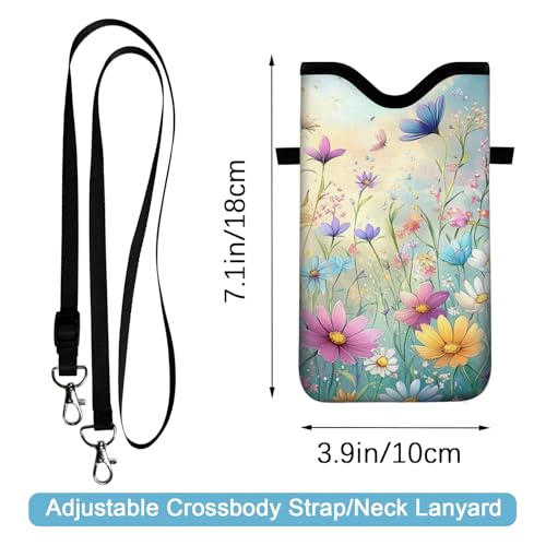 Neoprene Cell Phone Sleeve Pouch Case Bag with Crossbody Strap Neck Lanyard for Women 7.1 X 3.9 in Colorful Flowers - color: Colorful Flowers