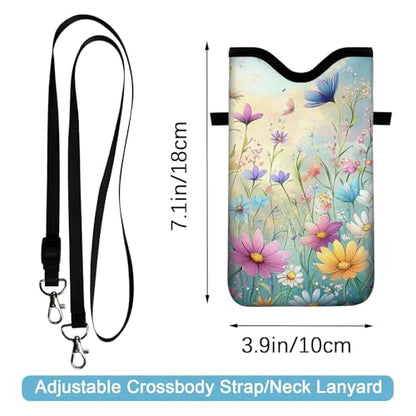 Neoprene Cell Phone Sleeve Pouch Case Bag with Crossbody Strap Neck Lanyard for Women 7.1 X 3.9 in Colorful Flowers - color: Colorful Flowers