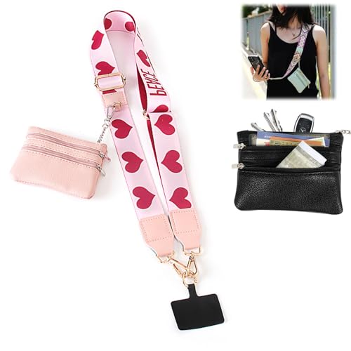 Phone Strap With Zippered Pouch, Universal Lanyard Crossbody Wrist Strap With Wallet, Adjustable - color: Pink A3
