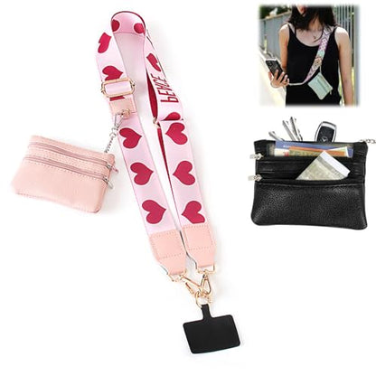 Phone Strap With Zippered Pouch, Universal Lanyard Crossbody Wrist Strap With Wallet, Adjustable - color: Pink A3