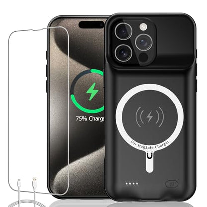 Battery Case for iPhone 15 Pro, Full Encircle 10000mAh High Capacity Rechargeable Portable Charger Case Extended Battery Pack for iPhone 15 Pro (6.1 inch) Wireless Charging Case with Carplay-Black - size: iPhone 15 Pro(6.1 inch)