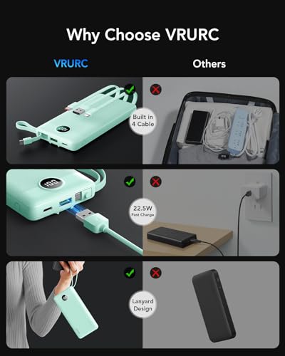 VRURC Portable Charger, 22.5W Fast Charging Power Bank Built‑in 4 Cables - color: Green