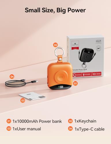 Portable Charger 10000mAh 22.5W Power Bank Built-in 2 Cables Keychain - color: Orange
