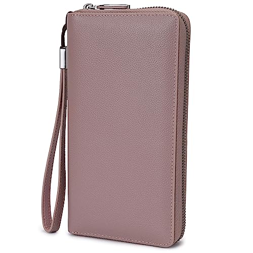 Bveyzi Women RFID Blocking Wallet Leather Zip Around Phone Clutch Large Capacity Ladies Travel Purse Wristlet - color: Dark Pink