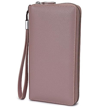 Bveyzi Women RFID Blocking Wallet Leather Zip Around Phone Clutch Large Capacity Ladies Travel Purse Wristlet - color: Dark Pink
