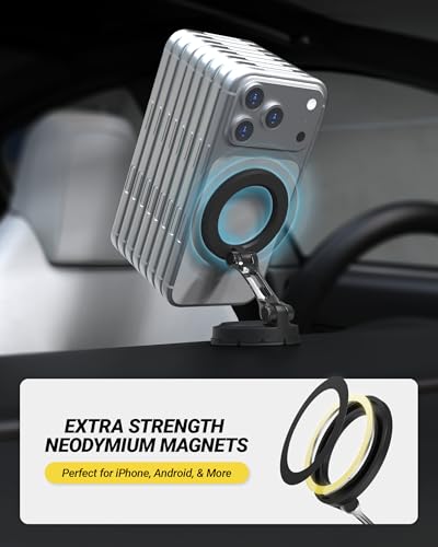 Scosche MagSafe Car Mount, Magnetic Phone Holder for Car Dashboard & Windshield with Foldable Arm, Adhesive Swivel Base with 360° Rotation, Compatible with iPhone 17/16/15/14/13/12 and PopSockets