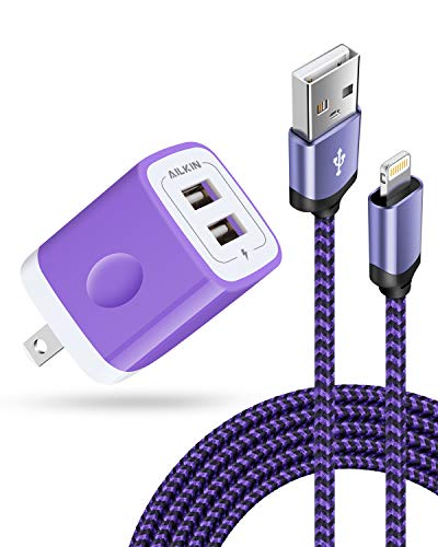 iPhone Wall Charger & Lightning Cable, AILKIN Apple MFI Certified Braided - color: Purple, style: Lightning