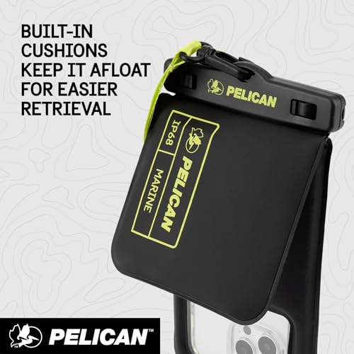 Pelican Marine Waterproof Phone Pouch w/Storage Pocket -Black/Hi-Vis Yellow | Large Touchscreen IP68 Floating Waterproof Phone Case w/Detachable Lanyard - Fits All Phones - Beach Cruise Travel Essentials - color: Black/Neon - 1 Pack - Large w/ Storage Poc