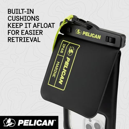 Pelican Marine Waterproof Phone Pouch w/Storage Pocket -Black/Hi-Vis Yellow | Large Touchscreen IP68 Floating Waterproof Phone Case w/Detachable Lanyard - Fits All Phones - Beach Cruise Travel Essentials - color: Black/Neon - 1 Pack - Large w/ Storage Poc