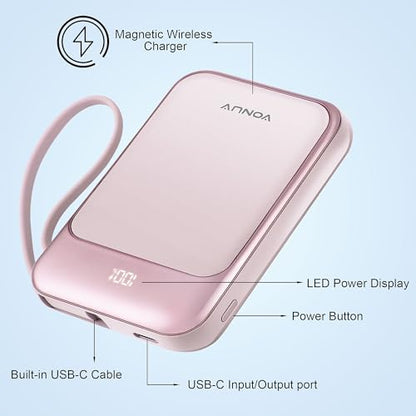 Magnetic Power Bank 10000mAh, Wireless Portable Charger with 15W Max Fast Charging & Built-in USB-C Cable, 22.5W PD LED Display Battery Pack Compatible with iPhone 17/16/15, Samsung Galaxy(pink) - color: Pink
