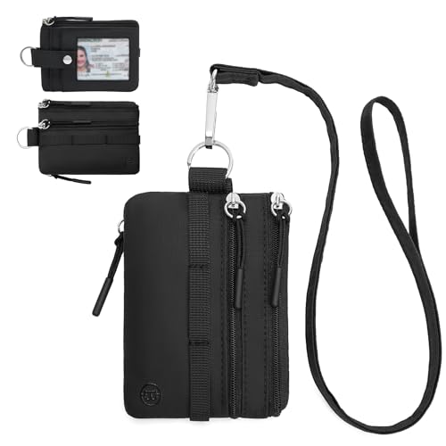 BOSTANTEN Small Wallet RFID, Minimalist Zip ID Case Wallet with Lanyard Keychain, Water Resistant Card Wallets for Women & Men, Black