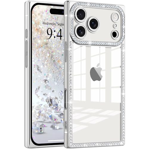 Clear Glitter Phone Case for iPhone 17 Pro Max Luxury Bling Diamond | Sparkly Rhinestones Soft TPU Plating Rectangle Edge Camera Protection Transparent Shockproof Cover for Women Girls, Silver - color: Silver, size: iPhone 17 Pro Max