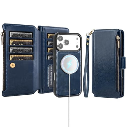 Antsturdy Compatible with MagSafe iPhone 17 Pro Max Wallet Case,Dark Blue | Detachable Magnetic Credit Card Holder,RFID Blocking,PU Leather Zipper Purse,Wrist Strap Kickstand,Flip Phone Cover for Women - color: (Detachable with Magsafe)-Dark Blue