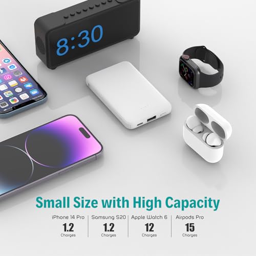 Sethruki Smallest Portable Charger with Built-in Cables 5000mAh,Ultra Slim Power Bank,Mini High Speed External Battery Packs,Lightweight USB C Phone Charger for iPhone Samsung Google Android (White) - color: white