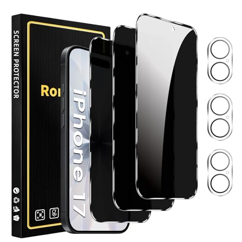 Romkasi 3 Pack Privacy Screen Protector for iPhone 17 6.3 Inch with 3 Pack Camera Lens Protector, Anti Spy Tempered Glass Film, Anti-Scratch, Touch Sensitive, Case Friendly - color: iPhone 17