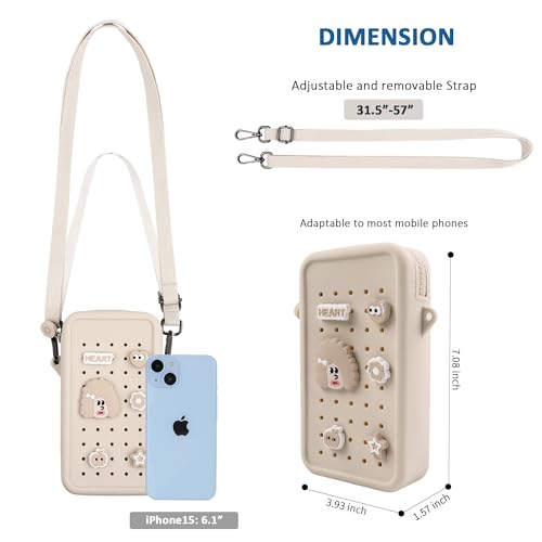 Silicone Crossbody Bag for Women, DIY Charm Compatible Perforated Hole Design, Compact Waterproof Lightweight Phone Purse with Adjustable Strap for Daily Use (Beige) - color: Beige