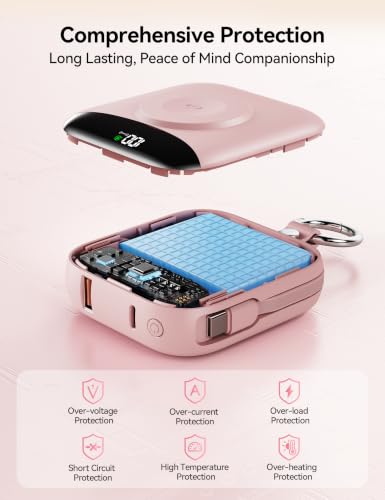 Portable Charger 10000mAh 22.5W Power Bank Built-in 2 Cables Keychain | Charge 5 Devices, TSA approved, Travel Fast Charging Battery Pack for iPhone Samsung Google Android & iWatch Charger, Pink - color: Pink