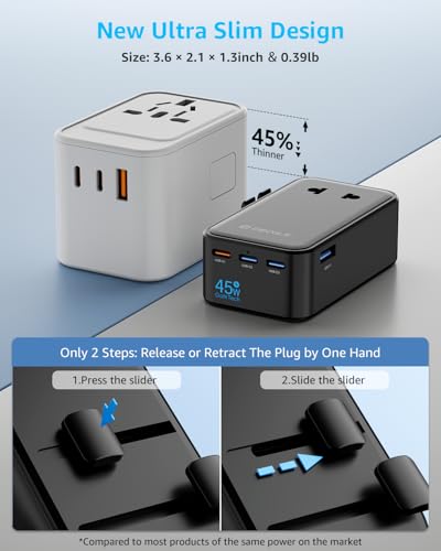 “Air” Universal Travel Adapter 3 USB-C＆ 1 USB-A Cover 200+ Countries - color: Black, size: A1R GaN45W