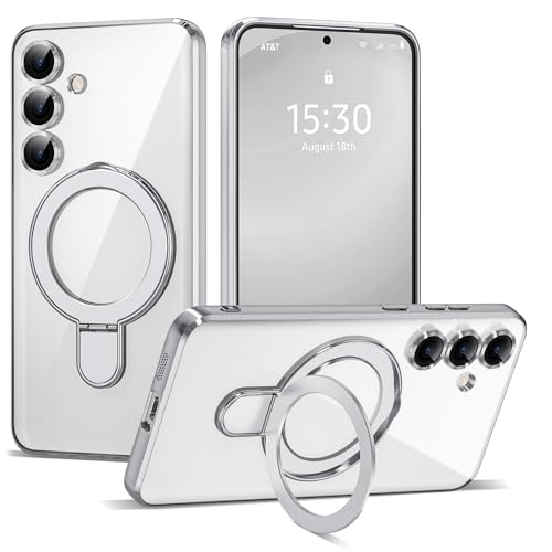 Compatible with Samsung Galaxy S24 FE Case with Magnetic Ring Stand [Compatible with Mag-Safe] [Full Camera Lens Protector] Plating Clear Phone Case for Galaxy S24 FE 6.7", Silver - color: Silver, size: Samsung Galaxy S24 FE
