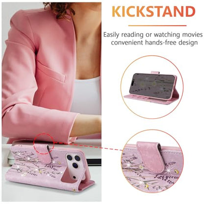 UEEBAI Wallet Case for iPhone 17 Pro, PU Leather Phone Cover Kickstand RFID Blocking Flip Case Card Slots Wrist Strap Relief Engraved Pattern Magnetic Closure Flower Folio Wallet, Lavender - color: Lavender, size: iPhone 17 Pro