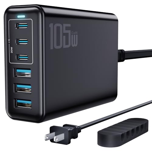 105W USB C Charger Block, 6-Port GaN Desktop Charger USB C Charging Station - color: Black, size: 105W