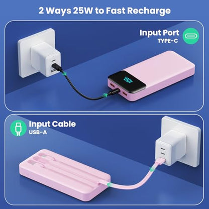Portable Charger 40800mAh Power Bank,Built-in Cables,25W Fast Charging - color: Pink