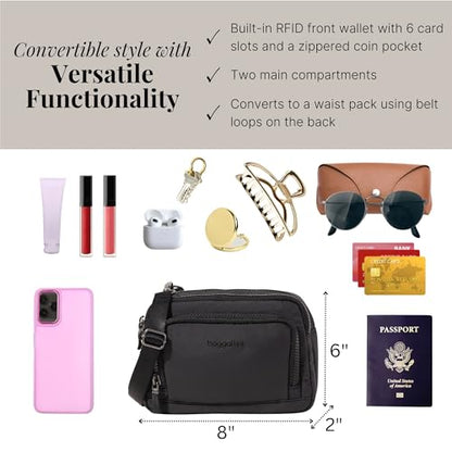 Baggallini Triple Zip with Front Wallet/Trifecta RFID Wallet Crossbody - color: Black Puff