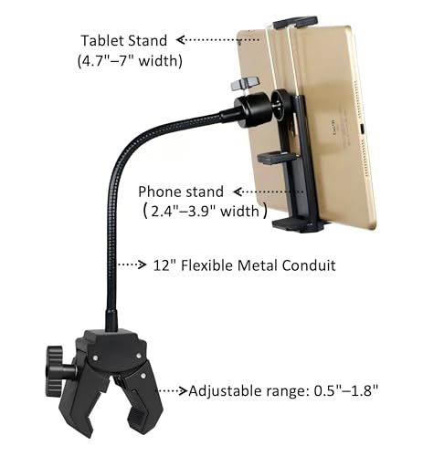 Universal Phone and Tablet Holder Mount with Flexible Gooseneck, 360° Rotation, for Mic Stands, Wheelchairs, Bikes, Treadmills, Applicable Device Width ranges 2.4"–7"
