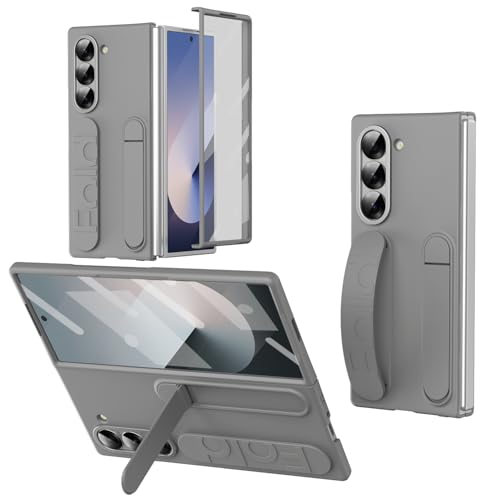 for Samsung Galaxy Z Fold 6 Protect Case with Wristband Stand,Bulit-in Screen & Lens Protection Shockproof Full Body Drop Fall Protection.(Grey) - color: Grey