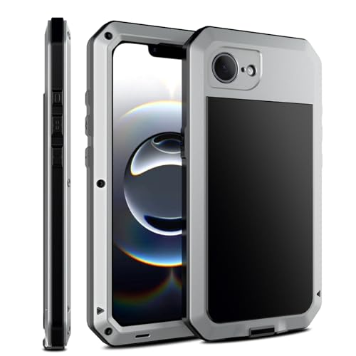 for iPhone 16E Metal Case,Heavy Duty Shockproof Aluminum Alloy Tough Armour Military Grade Phone Case for iPhone 17E,Full Body Protective Cover with Silicone Built-in Screen Protector-Silver - color: Silver
