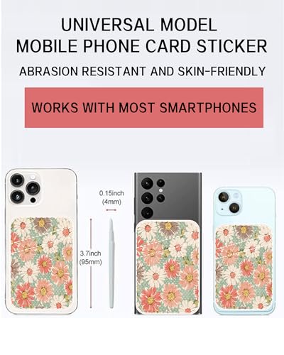 Phone Card Holder Leather, Dual Pocket Phone Wallet Adhesive Stick On, Cute Phone Case Credit Card Holder, Suitable for Most of Phones Retro Boho Flowers