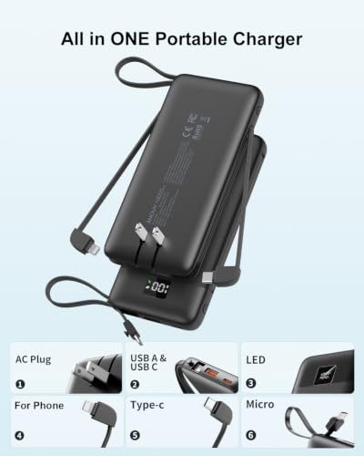 Portable Charger 10000mAh Power Bank w/Built-in 3 Cables & AC Wall Plug - color: Black