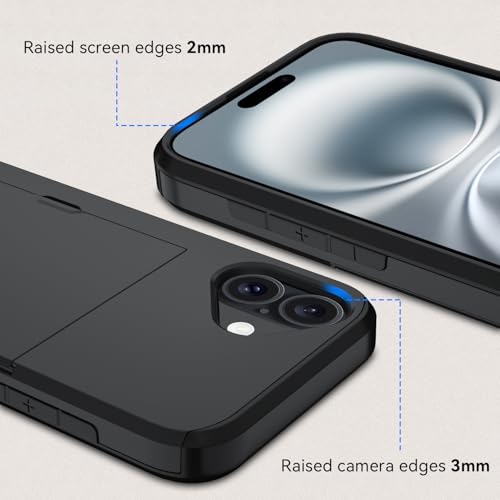 Qinmay Compatible with iPhone 16 Case with Card Holder, Dual Layer Shockproof,Heavy Duty Protective Hidden Slot Slim Wallet Phone Cover ，Black - color: Black, size: for iPhone 16