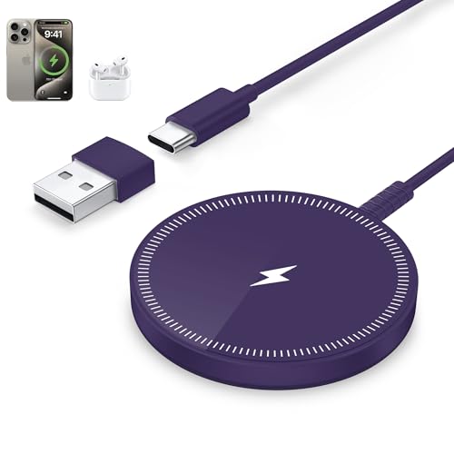 Bohuma Magnetic Wireless Charger for iPhone – 15W Fast Charging Pad with Dual Ports - Compatible with iPhone 12-17 & AirPods 4 3 2 Pro – Purple Sleek Aluminum Alloy Design for Home, Office & Travel - color: Purple