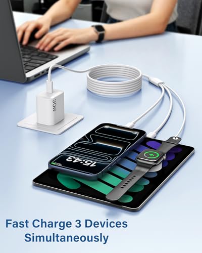 [2026 New] 3 in 1 Fast Charge Cord, USB-C 60W & Lightning 27W with Magnetic Wireless Watch Charger, 6FT White TPE Multi Charging Cable for iPhone 17/16/15/14/13/12/11 & iWatch Series 11-1/Ultra/SE