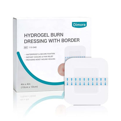 Dimora Hydrogel Burn Dressing with Border 4" x 4" (2.5" x 2.5" Pad) – Sterile, Waterproof Burn & Wound Dressing with Instant Cooling Relief for Minor Burns, Cuts & Abrasions (10 Count) - size: 4" x 4" (2.5" x 2.5" Pad)-10 Count