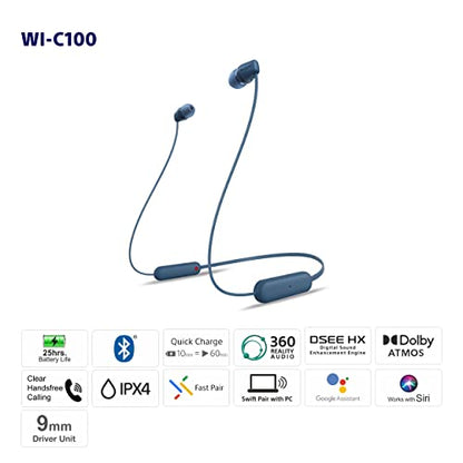 Sony WI-C100 Wireless in-Ear Bluetooth Headphones with Built-in Microphone,Blue,(Pack of 2) - color: Blue, size: One Size (Pack of 2)