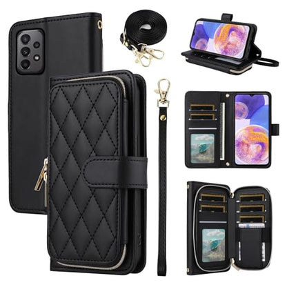 Wallet Case for Samsung Galaxy A23 5G/4G with Detachable Wrist Strap, 9+ Card Slots Zipper Purse, Luxury PU Leather Stand Full Body Accessories Cell Phone Cover for A 23 23A 6.6 Women Black | Girls, Wrist/Shoulder Strap, 9+ Card Slots, Purse, Luxury PU Le