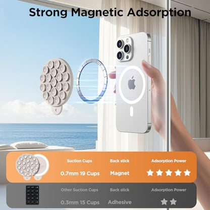 Magnetic Suction Cup Phone Mount with MagSafe, Silicone Hands-Free Grip Holder for iPhone Case and Android, Mirror Shower Phone Stand for Makeup FaceTime Gym Kitchen Bathroom, Stone - color: Stone