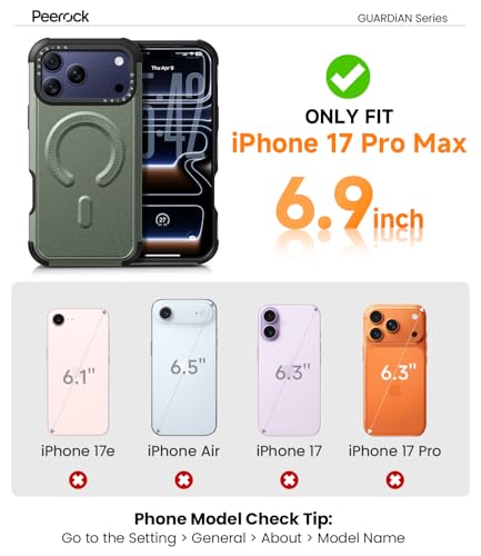 Heavy Duty for iPhone 17 Pro Max Case, [20FT Military Grade Drop Protection] Dual-Layer Shockproof Protective Phone Case, Fit for Magsafe, Rugged Tough Durable Cover, Guardian Series - Green - color: Green