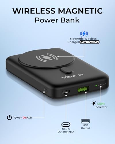 Magnetic Power Bank for iPhone 15/14/13/16/17 Pro Max Wireless Portable Charger for Samsung Android Phone Fast Charging, 10000mAh USB Battery Pack for Heated Vest Clothing, Rechargeable PD QC Qi USB-C