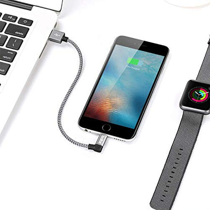 0.65ft Short iPhone Charger Cord [C89 MFi Certified] 90 Degree Ligthning Cable, Nylon Braided for iPhone 14/14 Pro, AirPods Pro, iPhone 13/13 Pro/12, iPad Pro and More (Grey)