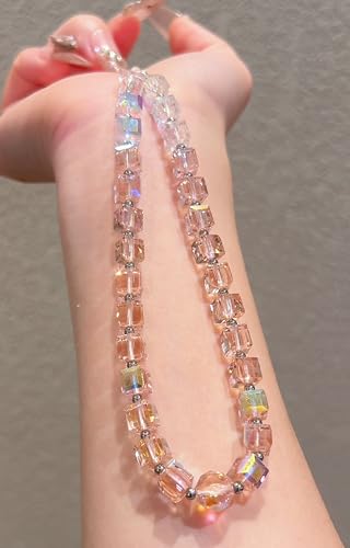 Crystal & Pearl Phone Charm Wrist Strap, Beaded Lanyard Wristlet Chain, Hands-Free Bracelet Strap for Phone Cases - color: Cube-pink