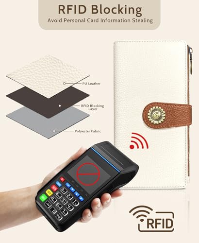 GIANCOMICS White Caramel Womens Wallet RFID, Long Credit Card Holder Bifold | Billfold, Cute Cash Purse, Travel Zipper Coin Pocket, Compact Clutch, PU Leather, ID Window, 11 Card Slots, Ladies Gift Woman - color: A Beige and Pumpkin