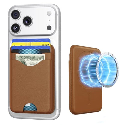 for Magsafe Wallet Magnetic Card Holder - Strong RFID Leather Card Pocket with Magnet, Compatible with iPhone 12/13/14/15/16/17 Series, Not for mini，Brown - color: Light Brown