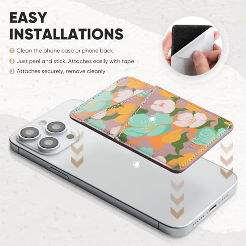 VULKIT Phone Card Holder Wallet Leather Adhesive Pocket RFID Blocking Credit Card Sleeves Stick Back of Phone Smartphones - color: Flower