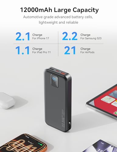 Portable Charger 12000mAh 22.5W w/Built-in Cable & Wall Plug Black - color: Black