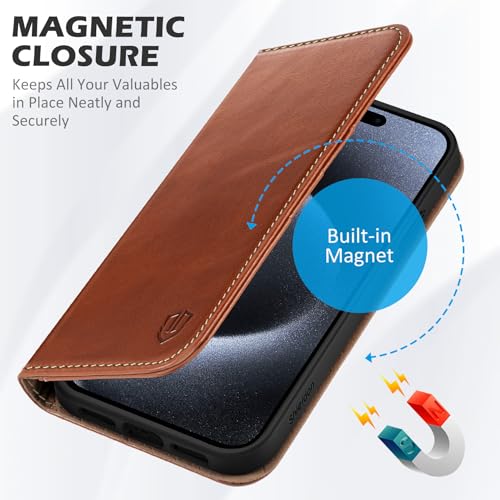 SHIELDON Genuine Leather Case Wallet for iPhone 15 Pro Max, Retro Brown | Magnetic Closure, RFID Blocking, Credit Card Slot, Kickstand, Flip Book Design, Shockproof TPU Phone Cover - color: Retro Brown